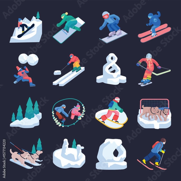 Obraz 2d vector illustration icon, set of vibrant representing unique winter activities and sports
