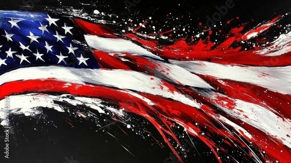 Fototapeta Abstract American Flag Grunge Splash Painting on Black Background - Patriotic and Powerful