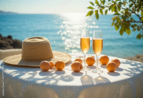 Obraz Dreamy summer seaside table scene with straw hat, fruits, and aperol spritz under dappled sunlight, evoking vintage warmth and coastal elegance.