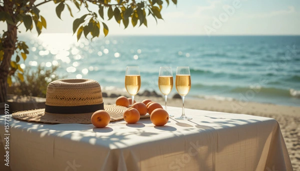 Obraz Dreamy summer seaside table scene with straw hat, fruits, and aperol spritz under dappled sunlight, evoking vintage warmth and coastal elegance.