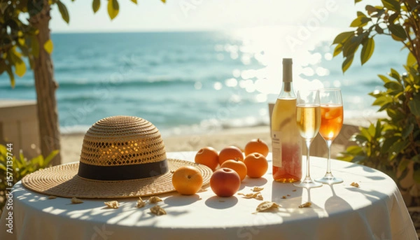 Obraz Dreamy summer seaside table scene with straw hat, fruits, and aperol spritz under dappled sunlight, evoking vintage warmth and coastal elegance.