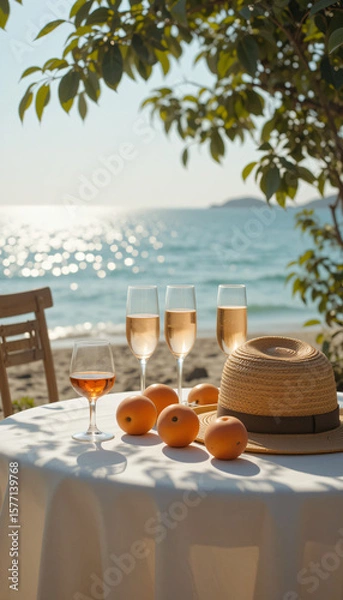 Obraz Dreamy summer seaside table scene with straw hat, fruits, and aperol spritz under dappled sunlight, evoking vintage warmth and coastal elegance.
