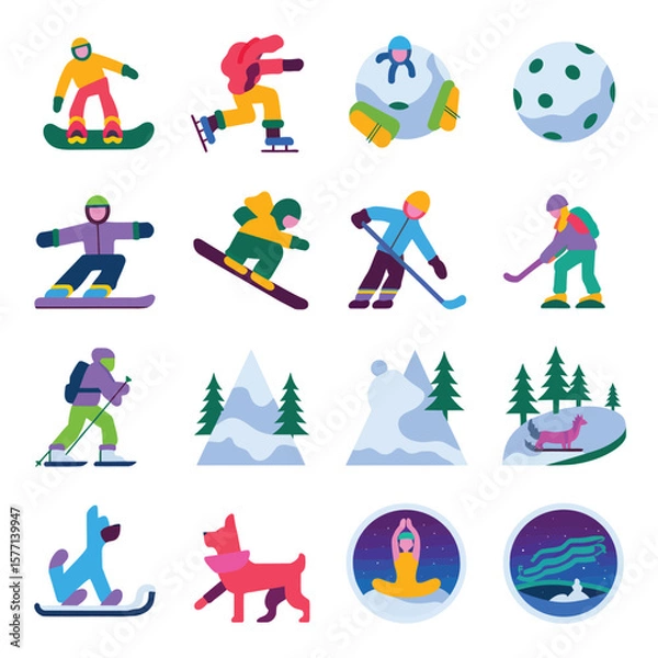 Obraz 2d vector illustration icon, set of vibrant representing unique winter activities and sports
