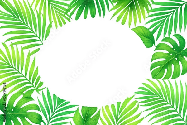 Fototapeta Verdant tropical foliage creating natural frame with transparent center, highlighting botanical elegance against neutral background