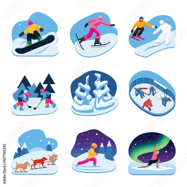 Fototapeta 2d vector illustration icon, set of vibrant representing unique winter activities and sports
