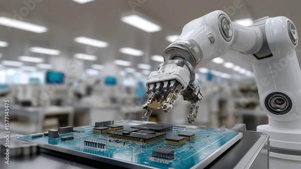 Fototapeta Robotic arm places parts onto circuit board emphasizing automation innovation. AI generated.