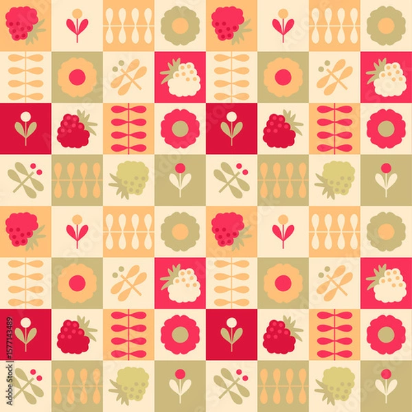 Fototapeta Summer pattern with flowers, raspberries and dragonflies in geometric style. Aesthetic print for paper, textile and fabric. Hand drawn background.