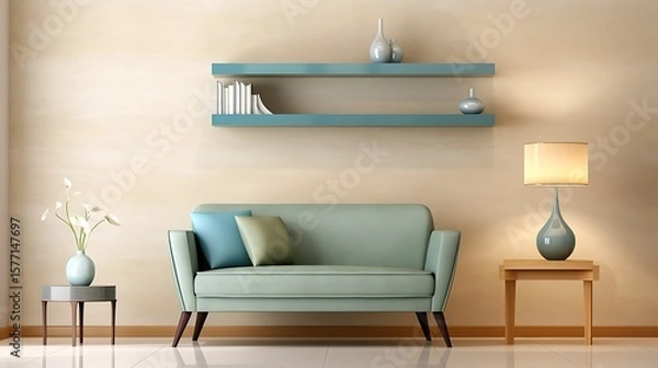 Obraz Minimalist designer room with marine blue sleek sofa, pale green high-back chair, light textured beige plaster wall, fine ceramic d?(C)cor on low shelves, 