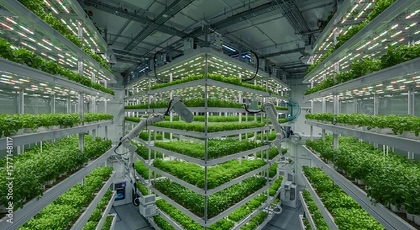 Fototapeta Vertical farming technology showcasing layers of green leafy crops grown indoors with robotic arms and LED lighting systems.