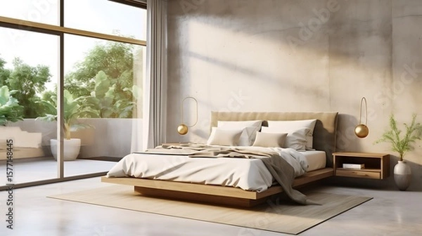 Obraz Modern full bedroom with natural beige tones, raw concrete walls, polished concrete floor, and ceiling, low platform bed with linen bedding and large windows, 3d rendering illustration