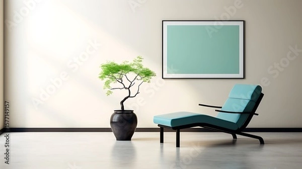 Obraz Open space minimalist interior with azure blue chaise, leaf green lounge armchair, minimal art on beige plaster wall, and black steel coffee table, full-frame studio-style capture,