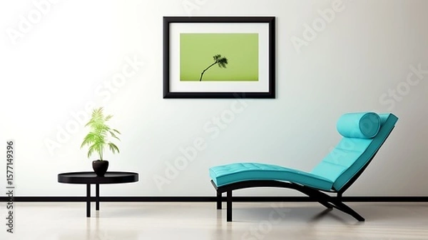Obraz Open space minimalist interior with azure blue chaise, leaf green lounge armchair, minimal art on beige plaster wall, and black steel coffee table, full-frame studio-style capture,