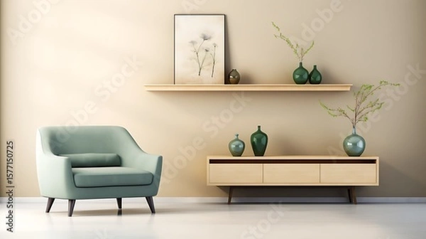 Obraz Tranquil living space with pale blue linen couch, deep green contemporary chair, raw beige plaster backdrop, frameless shelving with vases, and clean-line architecture, full-frame angle,