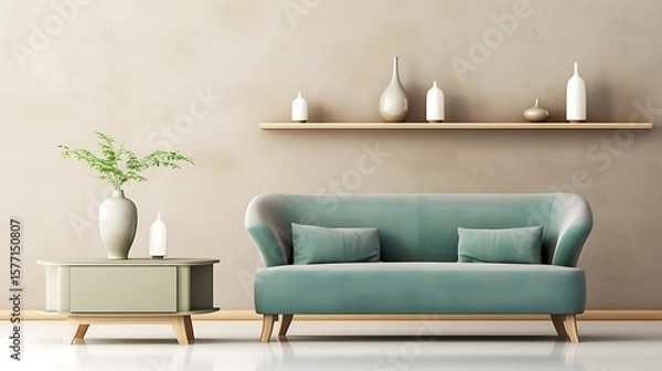 Obraz Tranquil living space with pale blue linen couch, deep green contemporary chair, raw beige plaster backdrop, frameless shelving with vases, and clean-line architecture, full-frame angle,