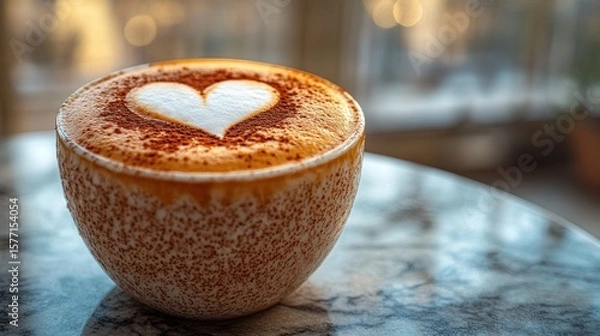 Obraz Close-up of a cappuccino with heart-shaped latte art in a textured cup on a marble table.