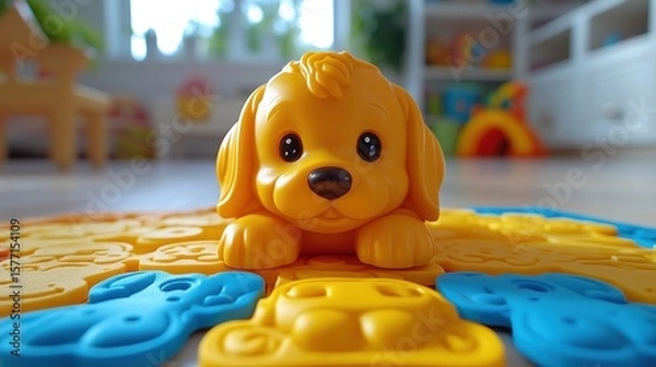 Obraz Yellow puppy toy on colorful animal puzzle mat in playroom.