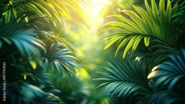 Obraz Lush tropical foliage with sunlight streaming through leaves.
