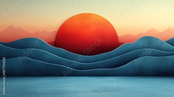 Obraz Stylized sunset landscape with layered waves and a large sun, minimalist design.