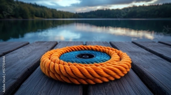 Obraz Orange and teal rope coil on wooden dock overlooking serene lake at sunset.