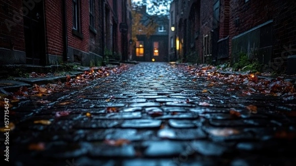 Obraz Cobblestone alleyway at dusk, wet autumn leaves.