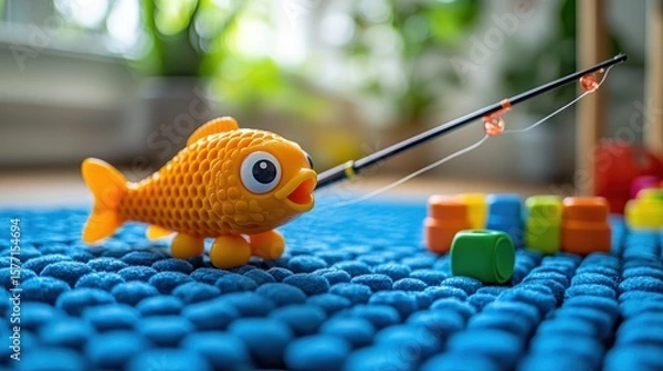 Obraz Orange toy fish on blue mat with fishing rod and colorful blocks.