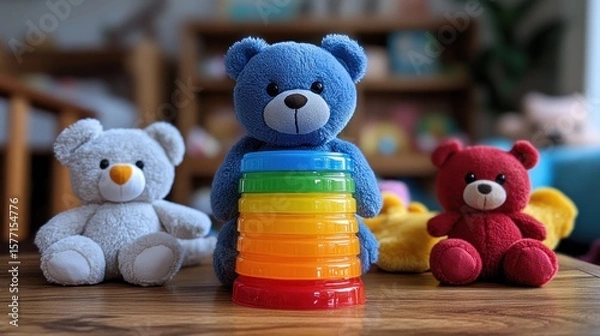 Obraz Three plush teddy bears with a colorful stacking toy.