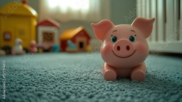 Obraz Happy pig toy on carpet in children's room.