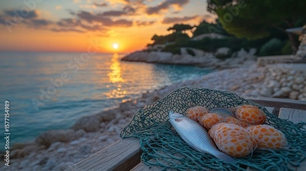Obraz Freshly caught fish and seafood on a net by the sea at sunset.