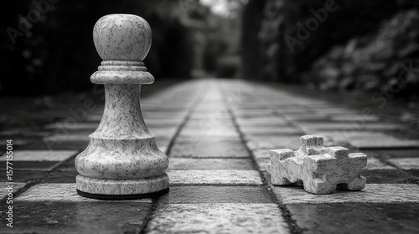 Obraz A lone chess pawn stands on a path, a broken puzzle piece nearby, symbolizing strategy and challenge.