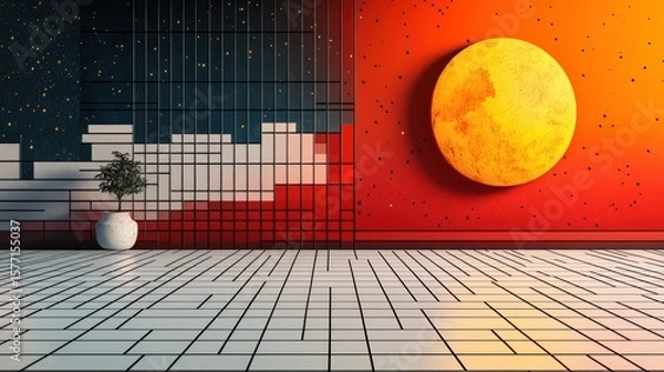 Obraz Modern minimalist room with a large moon and Japanese design elements.