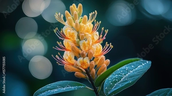 Obraz Close-up of vibrant orange flowers with dew drops on leaves, blurred background.