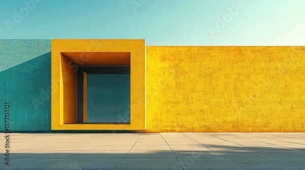 Obraz Modern architecture, teal and yellow building exterior, geometric design, square window, sunlight shadow.