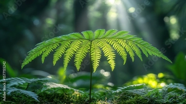 Obraz Sunlit fern sprout in lush forest.