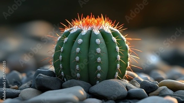 Obraz Close-up of a vibrant green spherical cactus with orange spines, nestled among dark grey stones, bathed in warm sunset light.