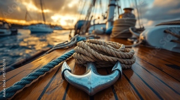 Obraz Close-up of anchor and rope on sailboat deck at sunset.
