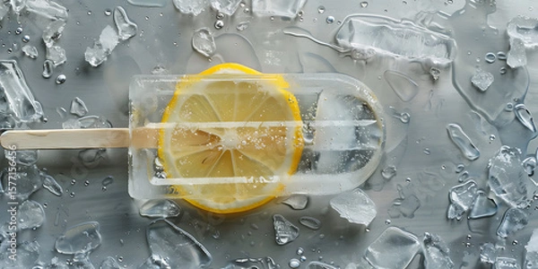 Fototapeta Lemon Slice Popsicle with Ice Cubes on Gray Surface

