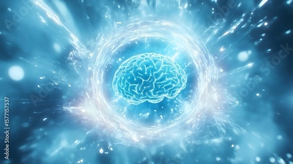 Fototapeta Futuristic Holographic Brain Floating in Blue Digital Energy Vortex
