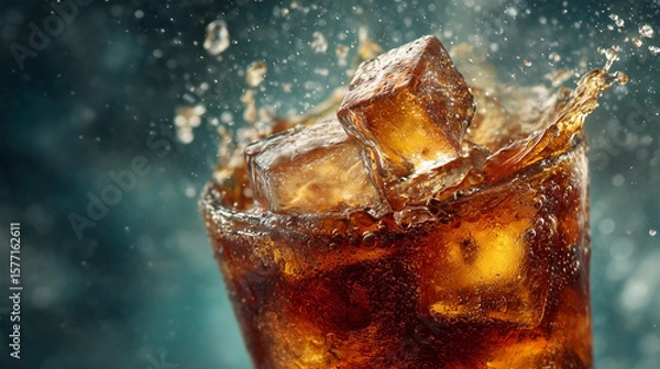 Fototapeta A glass of soda with ice cubes in it