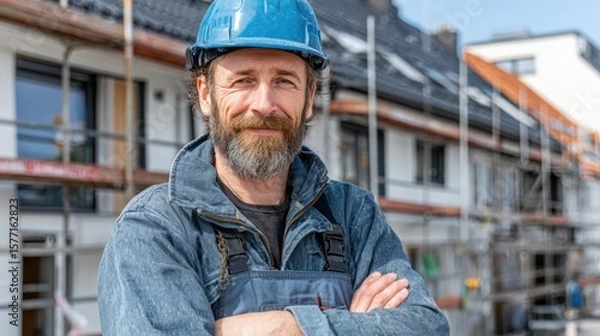 Fototapeta A construction worker in a blue helmet, standing with his arms crossed in front of a building under construction