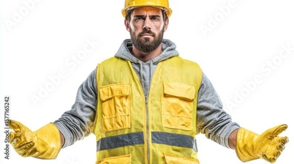 Fototapeta Construction worker in yellow safety vest and helmet. He has a serious expression and is wearing yellow gloves. His arms are outstretched.