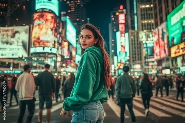 Fototapeta Young woman in green hoodie at night in city neon lights. Neural network AI generated