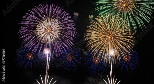 Fototapeta Vibrant and colorful fireworks explode in the night sky, creating a dazzling spectacle of light