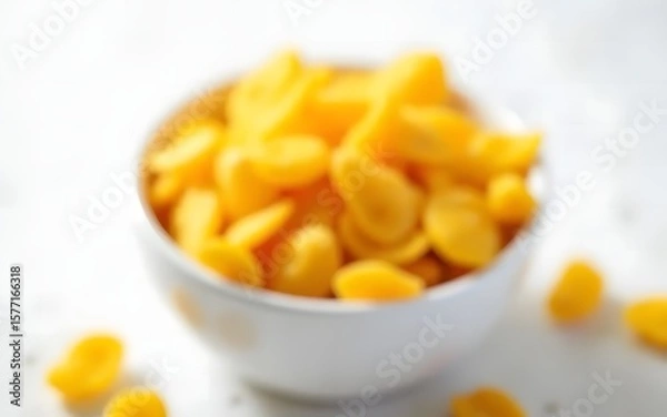 Fototapeta A deliberately blurred close-up shot showcases a bowl overflowing with bright yellow corn flakes, creating a soft, dreamlike breakfast food presentation.