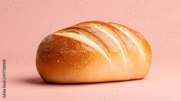 Fototapeta Freshly baked golden crusted loaf of bread with distinct scoring marks on a vibrant pink background