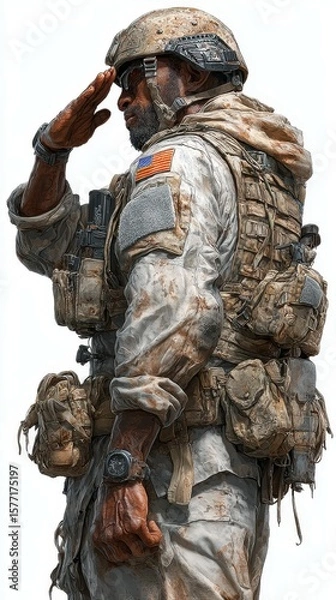 Fototapeta Soldier in tactical gear saluting during military operation in a rugged environment on a clear day