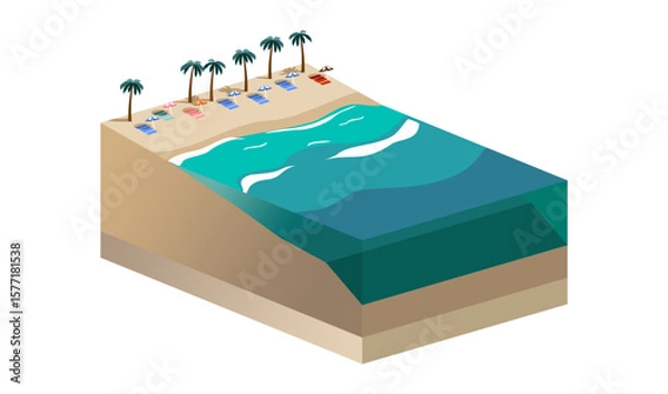 Fototapeta Beach illustration on isometric view, isolated on white background