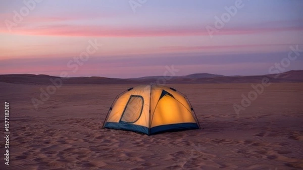 Fototapeta Illuminated tent stands in a desert landscape beneath a colorful twilight sky with distant mountains