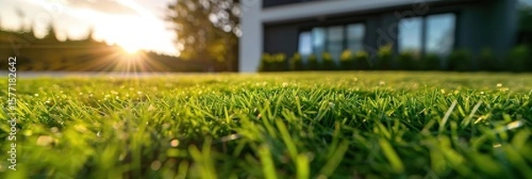 Fototapeta Grass and Modern House. Close-Up Green Lawn with modern house in the background.