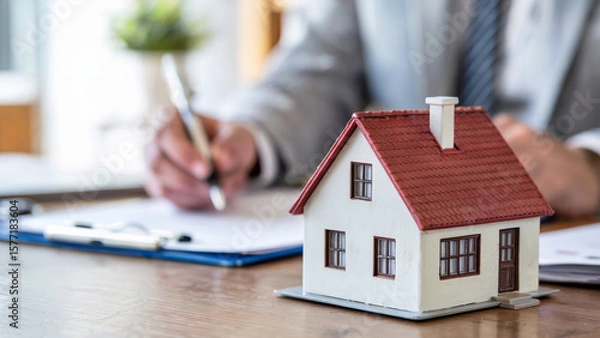 Fototapeta Real estate agent or homeowner reviewing documents and signing paperwork with a model house on the desk