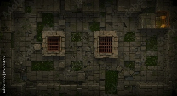 Fototapeta Dungeon prison cell design depicts a stone block castle with barred windows and a hidden room lit by a golden glow